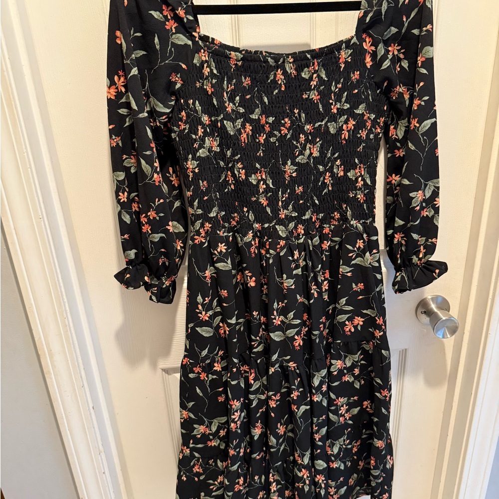 Baltic Born Multicolored Square Neck Smocked Floral Dress with Bishop Sleeves